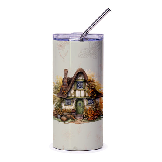 Cottagecore Tumbler, Watercolor Cottage, Cozy Home Decor, Autumn Leaves, Cottage Gift, Housewarming Gift, Cottage Lover Gift - Tawshia