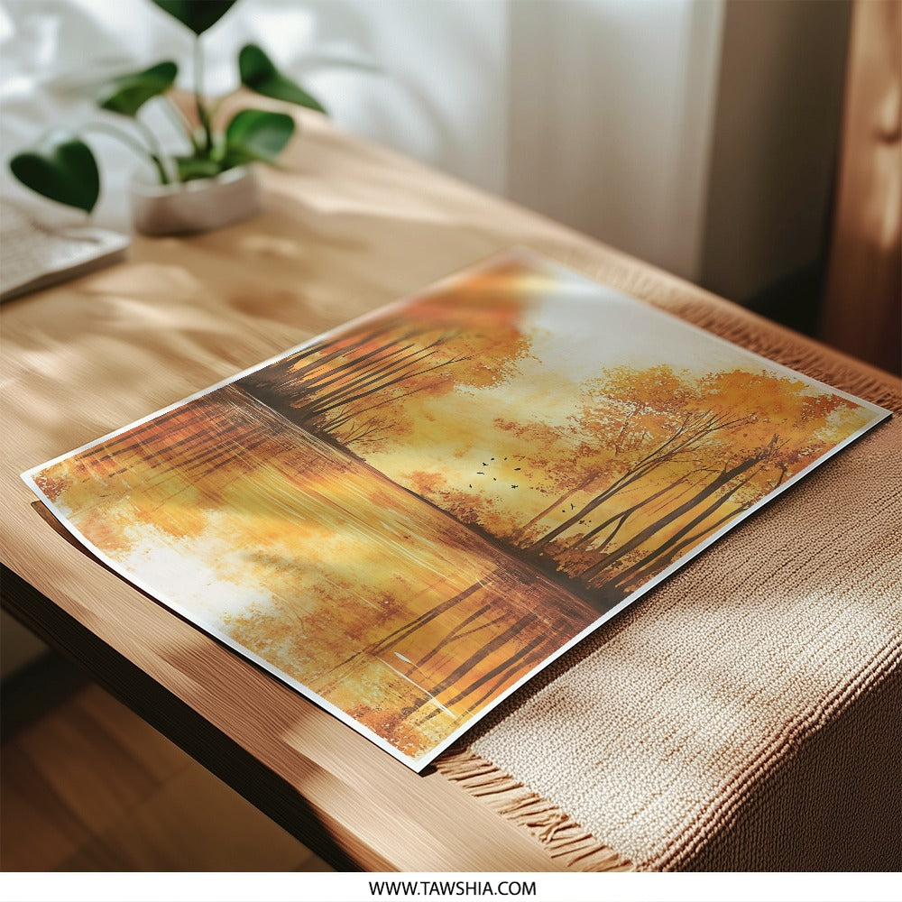 Autumn Lake Photographic Print, Golden Trees Reflection, Nature Art Print, Landscape Photography, Fall Decor, Wall Art, Home Decor - Tawshia