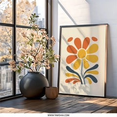 Retro Flower Wall Art, Abstract Floral Print, 70s Style Wall Decor, Orange Yellow Daisy Art Print, Mid Century Modern Art, Home Decor - Tawshia