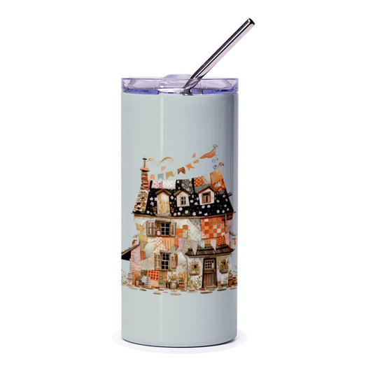 Quilted House Tumbler, Whimsical Home Decor, Cottage Core Drinkware, Unique Gift, Cozy House Design, Illustrated Tumbler - Tawshia