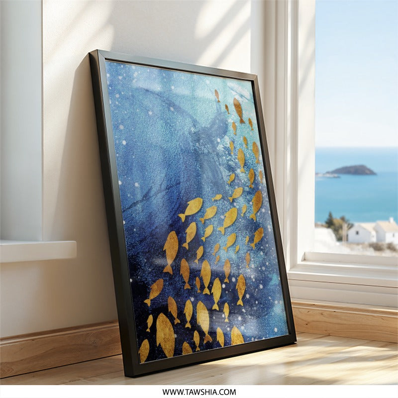 Golden Fish Wall Art, Blue Ocean Print, Modern Art Decor, Coastal Wall Hanging, Fish Illustration, Home Decor, Gold Fish Painting - Tawshia
