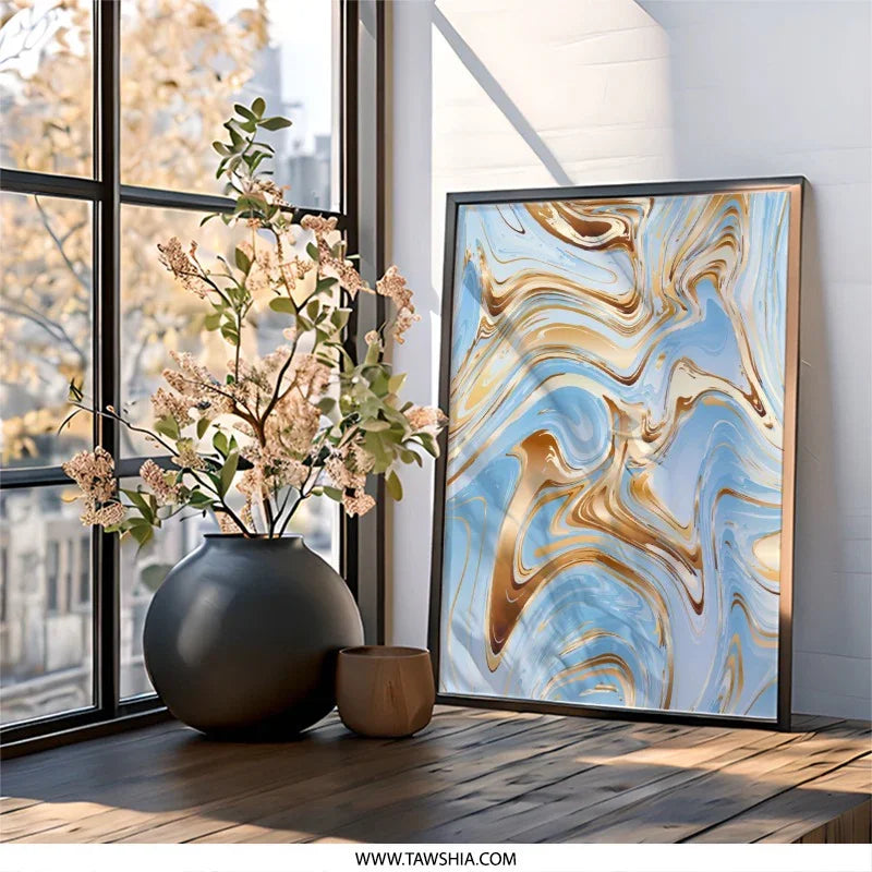 Abstract Marble Wall Art, Gold and Blue Art Print, Modern Home Decor, Fluid Art Design, Elegant Wall Hanging, Contemporary Art - Tawshia
