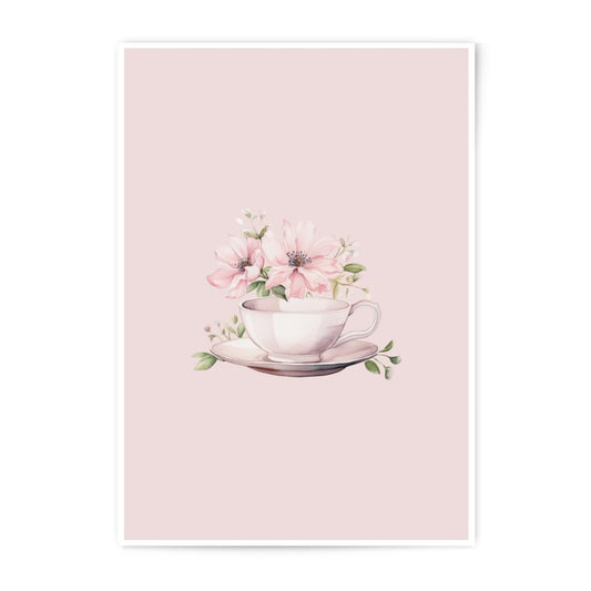 Floral Tea Cup Photographic Prints, Pink Flowers Art, Elegant Kitchen Decor, Watercolor Art Prints, Tea Time Prints - Tawshia