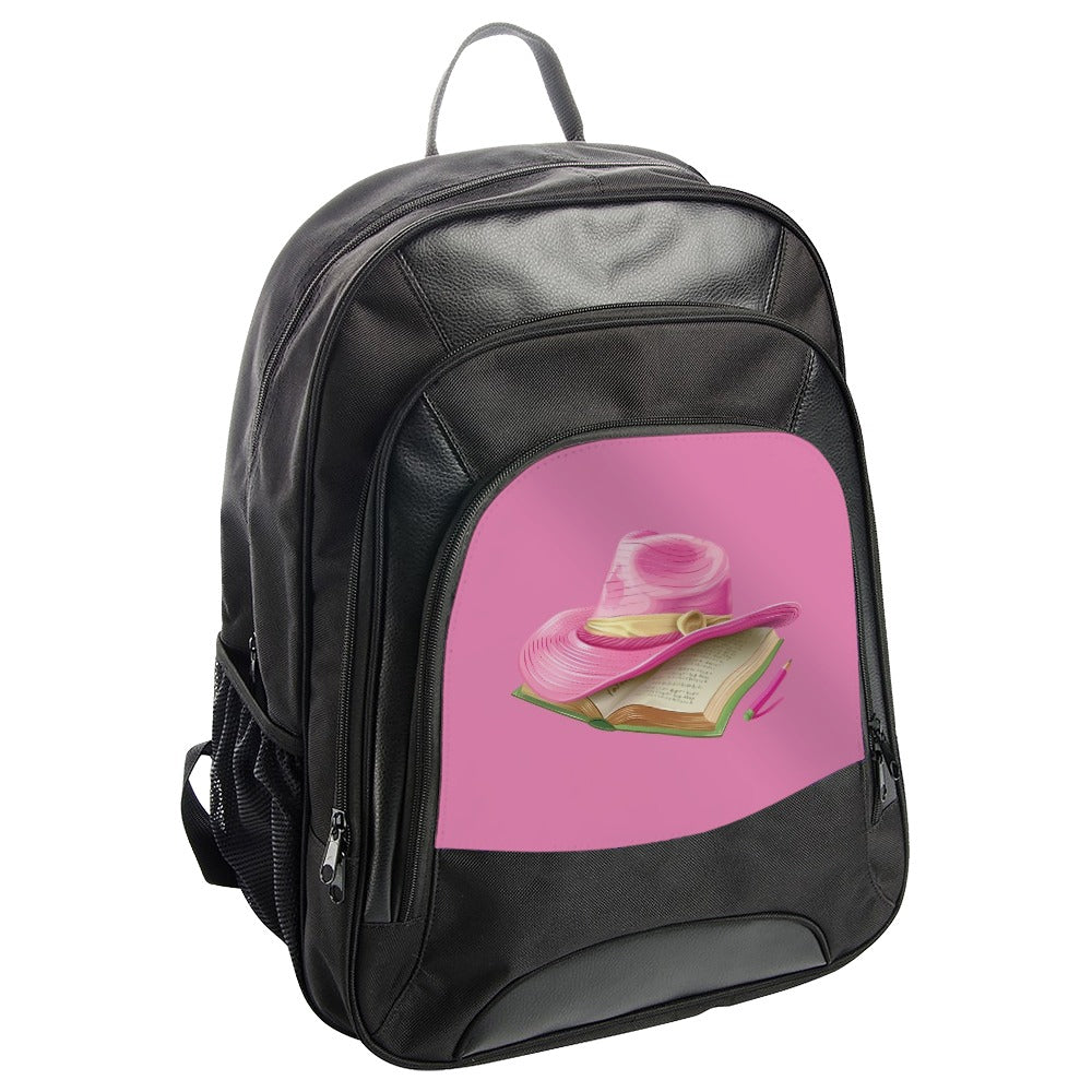 Pink Hat on Book Backpack, Fashionable Backpack, Stylish Daypack, Elegant Hat, Book Lover Gift, Statement Piece, Backpack for Her - Tawshia