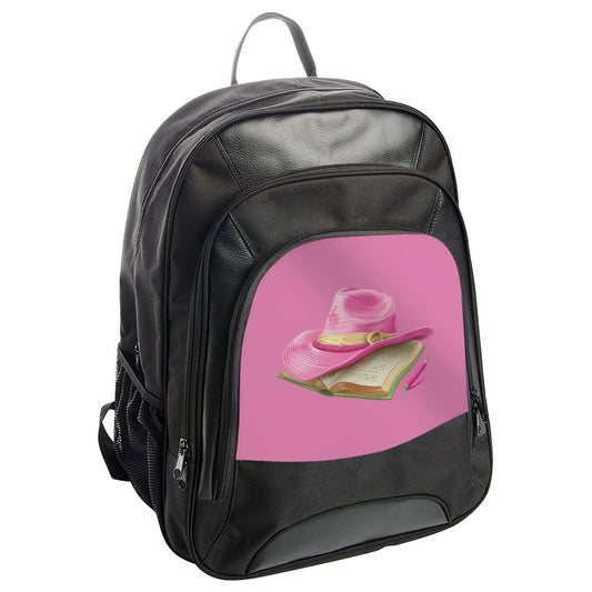Pink Hat on Book Backpack, Fashionable Backpack, Stylish Daypack, Elegant Hat, Book Lover Gift, Statement Piece, Backpack for Her - Tawshia