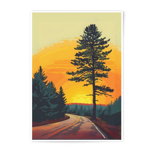 Sunset Road Trip Photographic Print, Landscape Wall Art, Pine Tree Art, Nature Photography, Warm Tone Photo, Roadside Decor - Tawshia