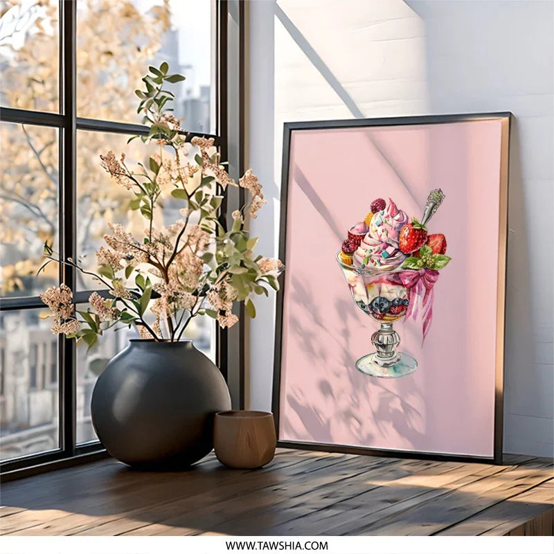 Sweet Treat Wall Art, Watercolor Dessert Print, Ice Cream Sundae Painting, Pink Kitchen Decor, Foodie Gift, Whimsical Art, Dessert Lover - Tawshia