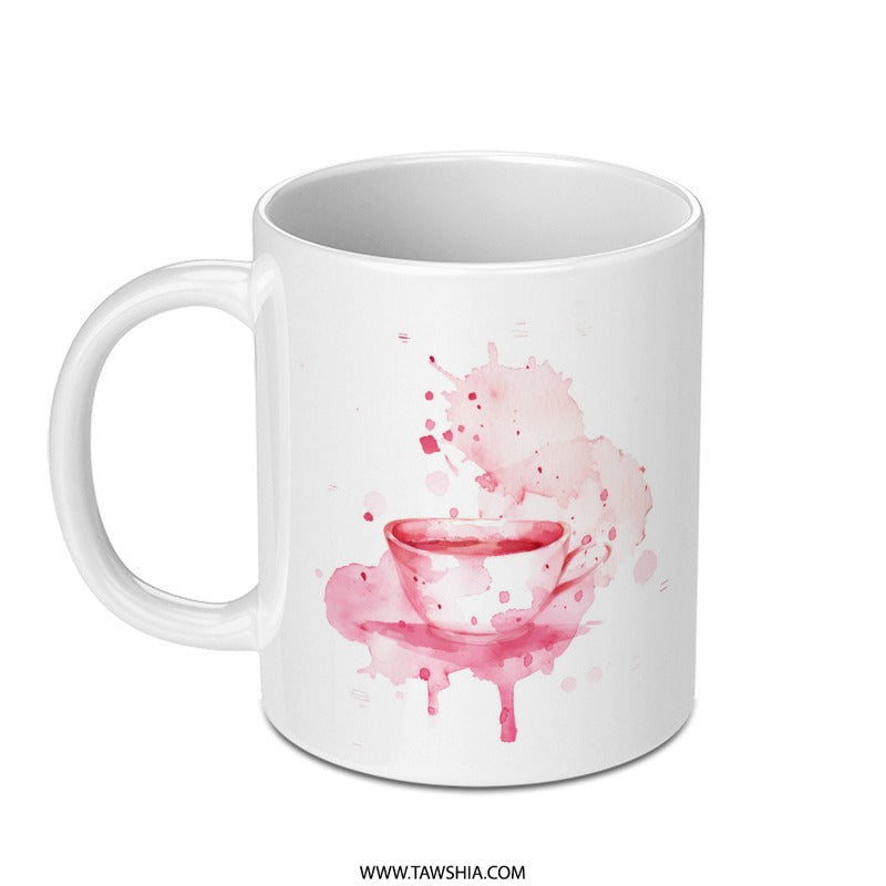 Watercolor Tea Cup Mug, Coffee Mug, Pink Watercolor Splash, Unique Gift Idea, Tea Lover Gift, Drinkware, Hot Cocoa Mug (137 characters) - Tawshia