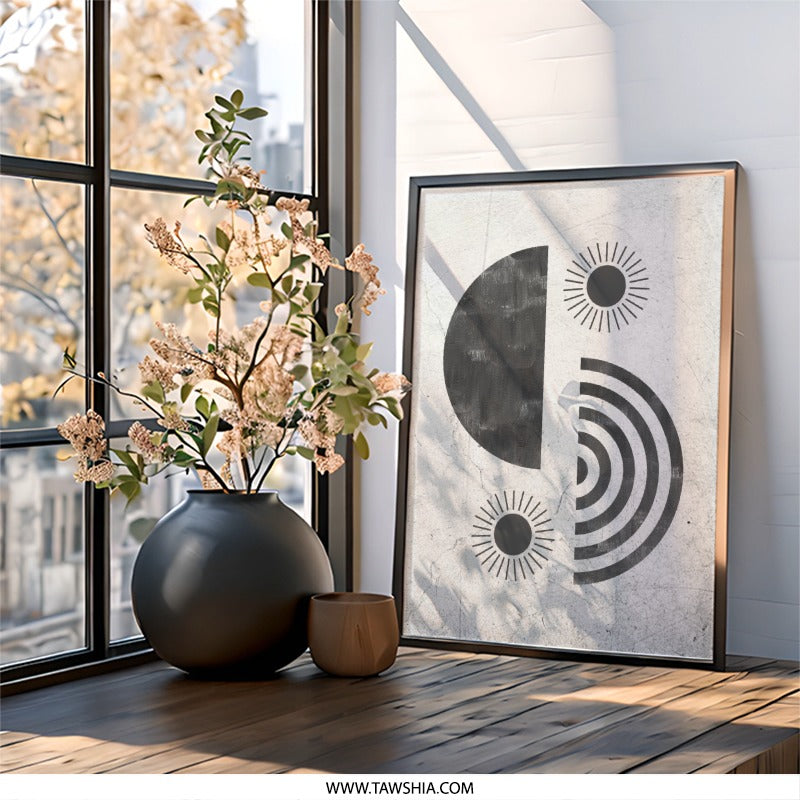 Abstract Geometric Wall Art, Boho Sun Print, Minimalist Art Decor, Modern Home Art, Black and White Artwork, Trendy Wall Hanging - Tawshia