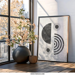 Abstract Geometric Wall Art, Boho Sun Print, Minimalist Art Decor, Modern Home Art, Black and White Artwork, Trendy Wall Hanging - Tawshia