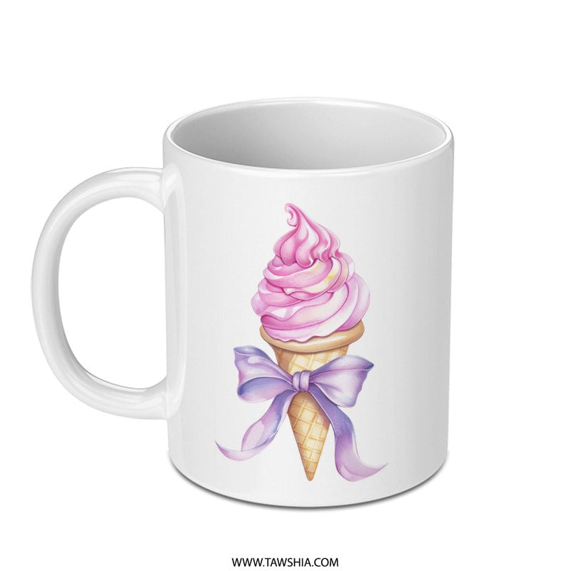 Ice Cream Cone Mug, Pink Treat Mug, Dessert Lover Gift, Cute Bow Mug, Sweet Design Coffee Cup, Watercolor Mug, Food Mug, Gift for Her - Tawshia