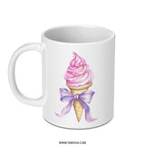 Ice Cream Cone Mug, Pink Treat Mug, Dessert Lover Gift, Cute Bow Mug, Sweet Design Coffee Cup, Watercolor Mug, Food Mug, Gift for Her - Tawshia