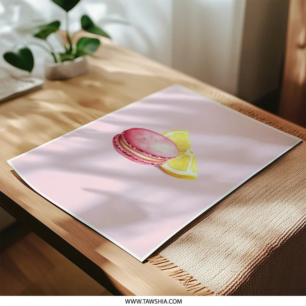 Macaron Photographic Prints, Pink Macaron Art, Lemon Decor, Food Prints, Kitchen Wall Art, Sweet Treat Art, Watercolor Macaron Print - Tawshia