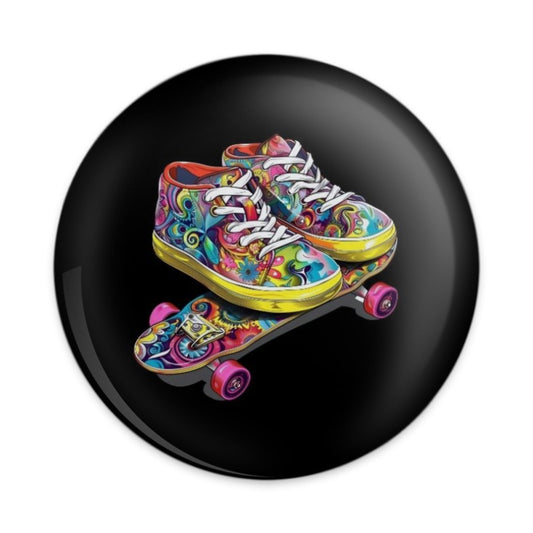 Psychedelic Skate Shoes Pinback Button, Vibrant Sneakers on Skateboard, Colorful Accessory, Retro Style Pin Badge, Trendy Design - Tawshia