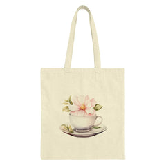 Floral Teacup Tote Bag, Watercolor Flower Design, Elegant Gift Bag, Botanical Print, Flower Lover Gift, Tea Party Favor, Everyday Bag - Tawshia