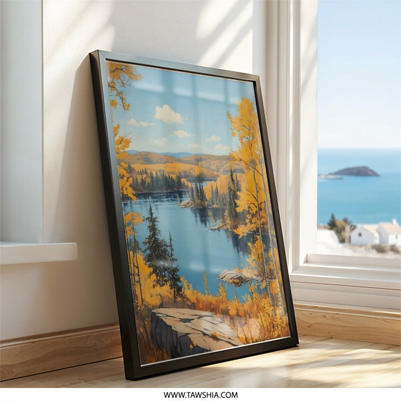 Autumn Lake Wall Art, Golden Forest Print, Landscape Painting, Nature Scene Decor, Home Decor Wall Art - Tawshia