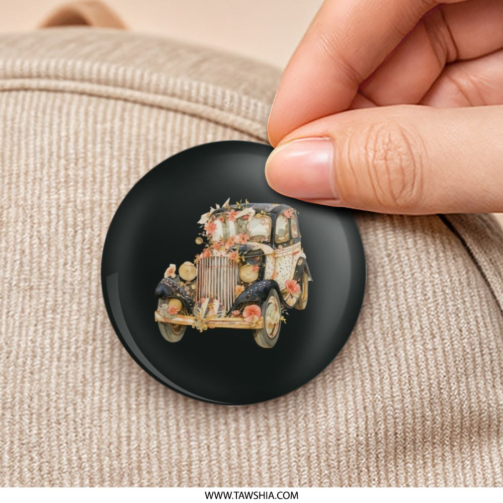 Vintage Car Pinback Button, Floral Auto Badge, Antique Vehicle Button, Stylish Flower Car Button, Unique Gift - Tawshia