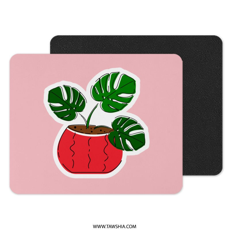 Monstera Plant Mouse Pad, Tropical Leaf Desk Decor, Cute Aesthetic Mousepad, Home Office Gift, Potted Plant Mousepad, Pink Background - Tawshia