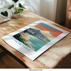 Honolulu Hawaii Photographic Print, Beach Skyline Art, Travel Poster, Island Decor, Tropical Wall Art, Vacation Souvenir, Retro Style Print - Tawshia
