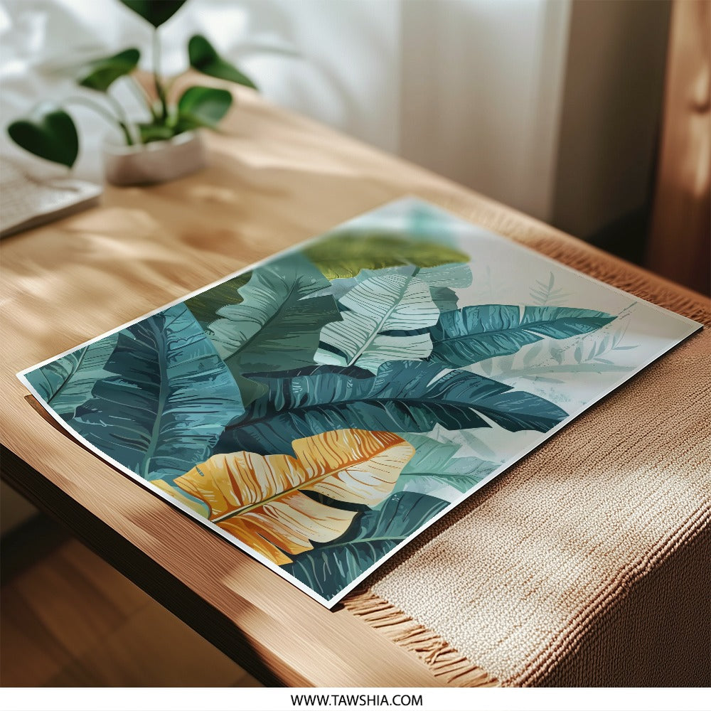 Tropical Leaves Photographic Print, Botanical Wall Art, Exotic Foliage Decor, Banana Leaf Art Print, Teal Green Leaf Print - Tawshia