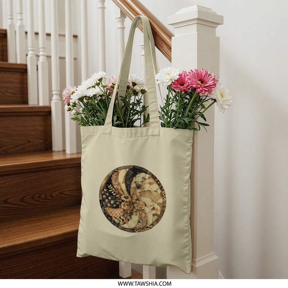 Floral Yin Yang Tote Bag, Artistic Circle Design Tote, Unique Pattern Shopping Bag, Aesthetic Gift Tote, Designer Graphic Tote Bag - Tawshia