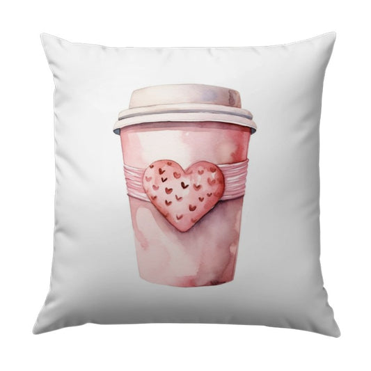 Pink Coffee Cup Pillow, Heart Pillow, Valentines Day Pillow, Love Pillow, Watercolor Pillow, Throw Pillow, Home Decor - Tawshia