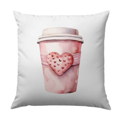 Pink Coffee Cup Pillow, Heart Pillow, Valentines Day Pillow, Love Pillow, Watercolor Pillow, Throw Pillow, Home Decor - Tawshia