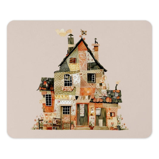 Quilted Cottage Mouse Pad, Whimsical House Illustration Mousepad, Patchwork Home Decor, Cute Mousepad, Unique Desk Accessory - Tawshia