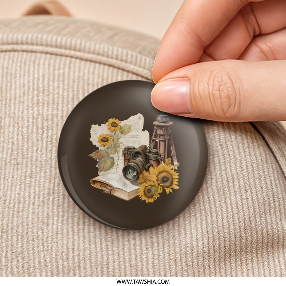 Vintage Camera Pinback Button, Sunflower Badge, Retro Photography, Book Button, Travel Gift, Tripod Button, Aesthetic Pinback Button - Tawshia