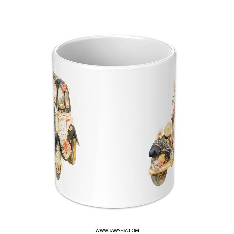 Vintage Car Mug, Floral Antique Automobile, Retro Vehicle Coffee Cup, Unique Car Lover Gift, Flower Adorned Classic Car Mug - Tawshia