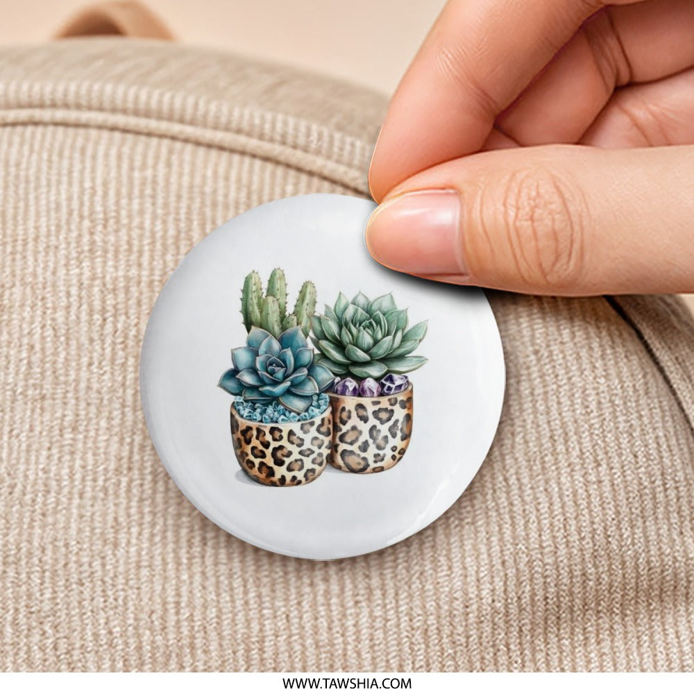 Succulent Plants Pinback Button, Cactus Button Badge, Potted Plants Badge, Leopard Print Pot, Boho Chic Button, Unique Badge - Tawshia
