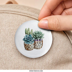 Succulent Plants Pinback Button, Cactus Button Badge, Potted Plants Badge, Leopard Print Pot, Boho Chic Button, Unique Badge - Tawshia