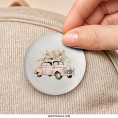 Vintage Car Pinback Button, Floral Car Button, Unique Car Badge, Car Lover Gift, Cute Retro Pin, Collectible Pinback Buttons - Tawshia