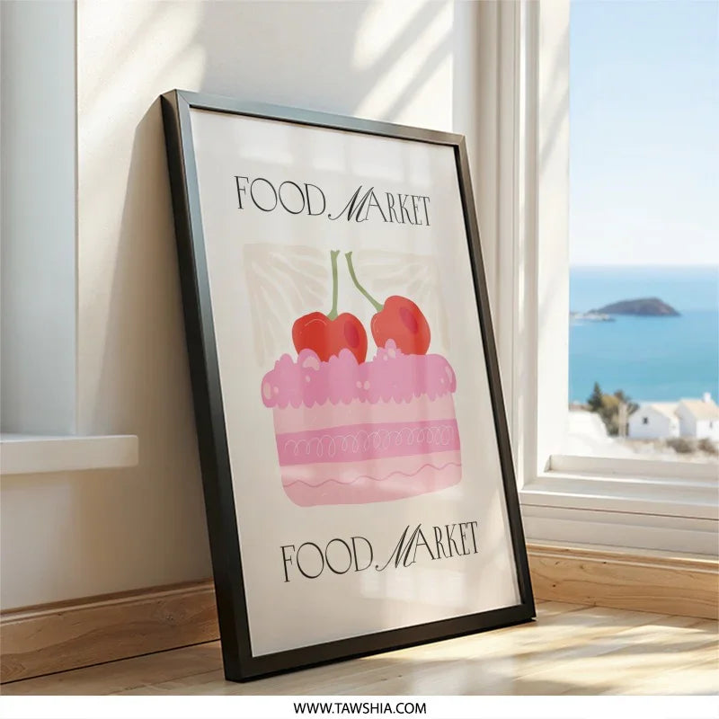 Food Market Wall Art, Cherry Cake Poster, Kitchen Print, Foodie Decor, Dessert Illustration, Sweet Treat Artwork, Modern Wall Decor - Tawshia
