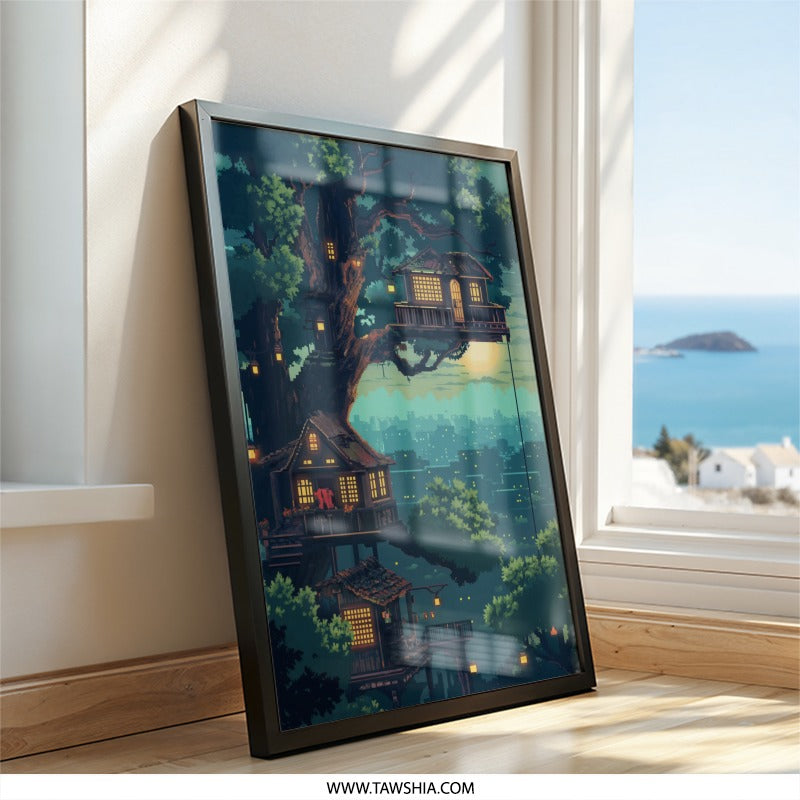 Pixel Art Wall Art, Treehouse Print, Cityscape Poster, Whimsical Home Decor, Cozy Wall Hanging, Unique Pixelated Art, Digital Art Print - Tawshia