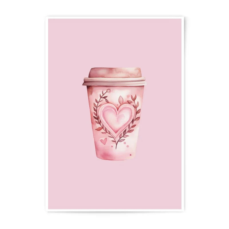 Pink Coffee Heart Photographic Prints, Valentine's Day, Watercolor Art, Love Coffee Cup, Coffee Lover Gift, Home Decor Prints - Tawshia