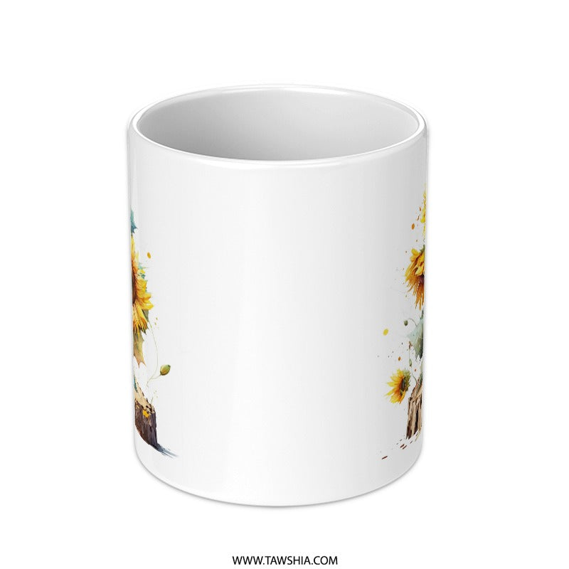 Sunflower Mug, Watercolor Floral Mug, Rustic Wood Slice Art, Coffee Mug, Tea Cup, Gift for Her, Flower Lover Gift, Unique Design Mug - Tawshia