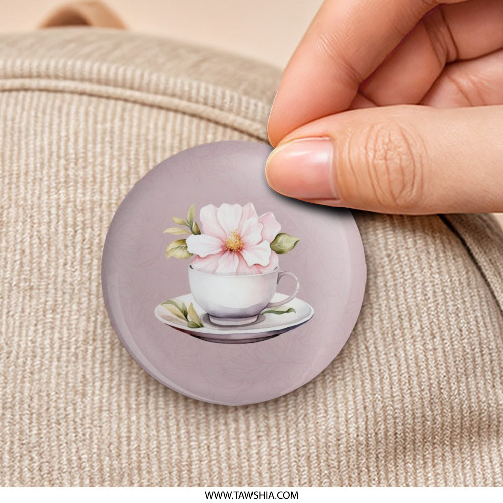 Floral Tea Cup Pinback Button, Pink Blossom Badge, Cute Flower Tea Party Gift, Botanical Accessories, Decorative Button, Pinback Button - Tawshia
