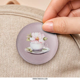 Floral Tea Cup Pinback Button, Pink Blossom Badge, Cute Flower Tea Party Gift, Botanical Accessories, Decorative Button, Pinback Button - Tawshia
