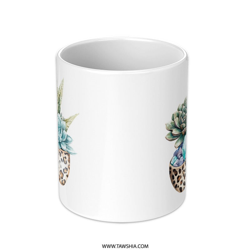 Succulent Mug, Leopard Print Mug, Crystal Mug, Plant Lover Gift, Aesthetic Mug, Unique Mug Design, Coffee Mug Gift Idea (139) - Tawshia