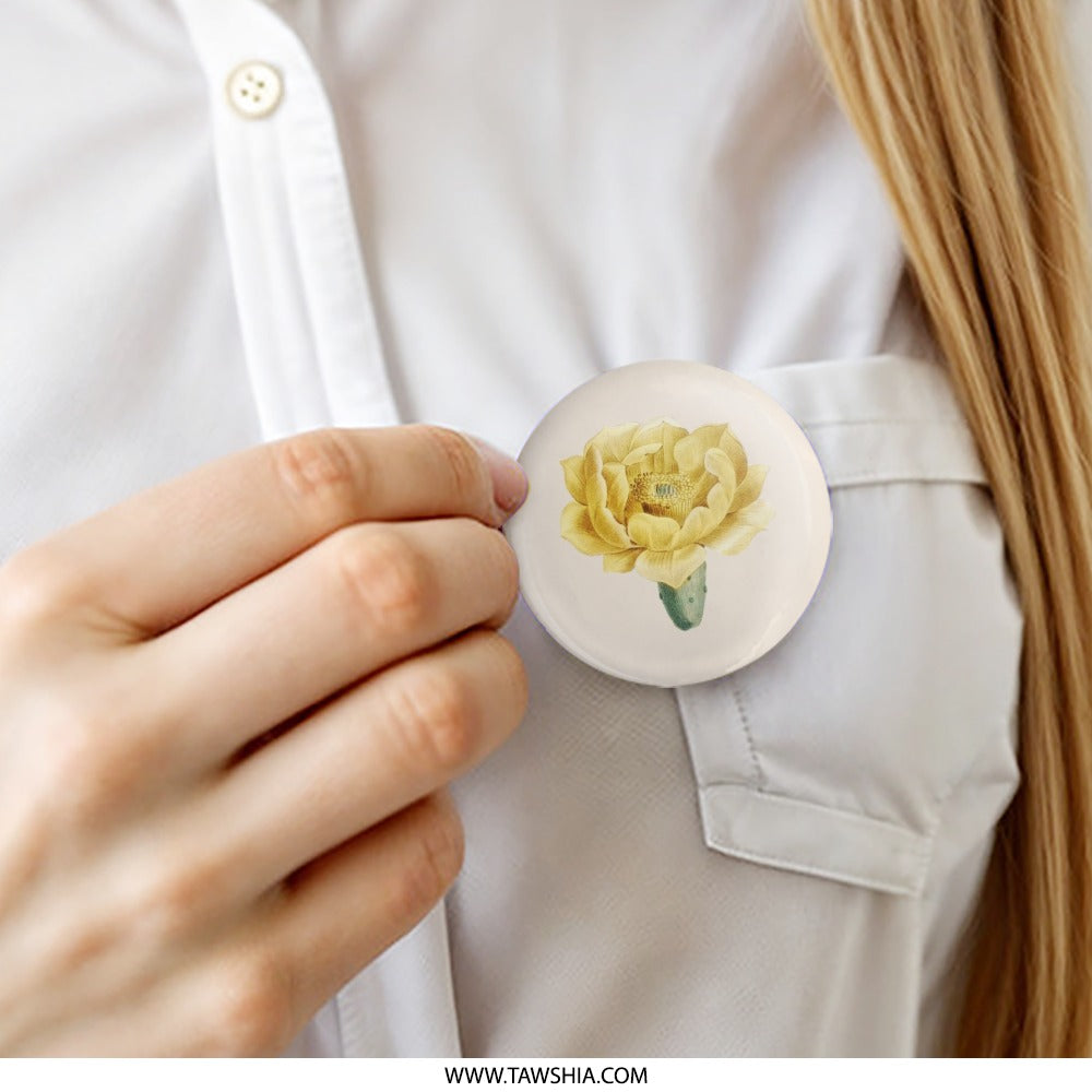 Prickly Pear Flower Pinback Button, Floral Illustration Button, Botanical Art Pin Button, Yellow Flower Lapel Pin, Cactus Flower Button - Tawshia