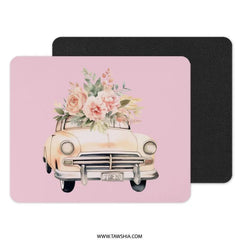 Floral Car Mouse Pad, Cute Mousepad, Car with Flowers, Pastel Pink Desk Decor, Aesthetic Desk Accessories, Office Decor, Computer Pad - Tawshia