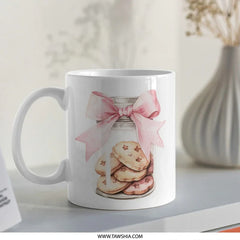 Cookie Jar Mug, Pink Bow Mug, Watercolor Design Mug, Baking Lover Gift, Cute Food Mug, Kitchen Decor, Hot Chocolate Mug - Tawshia