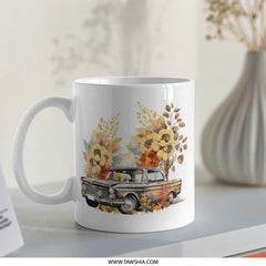 Vintage Car Mug, Sunflower Mug, Classic Car Lover Gift, Automotive Mug, Car Art Mug, Gifts for Him, Her, Car Enthusiast, Coffee Cup - Tawshia