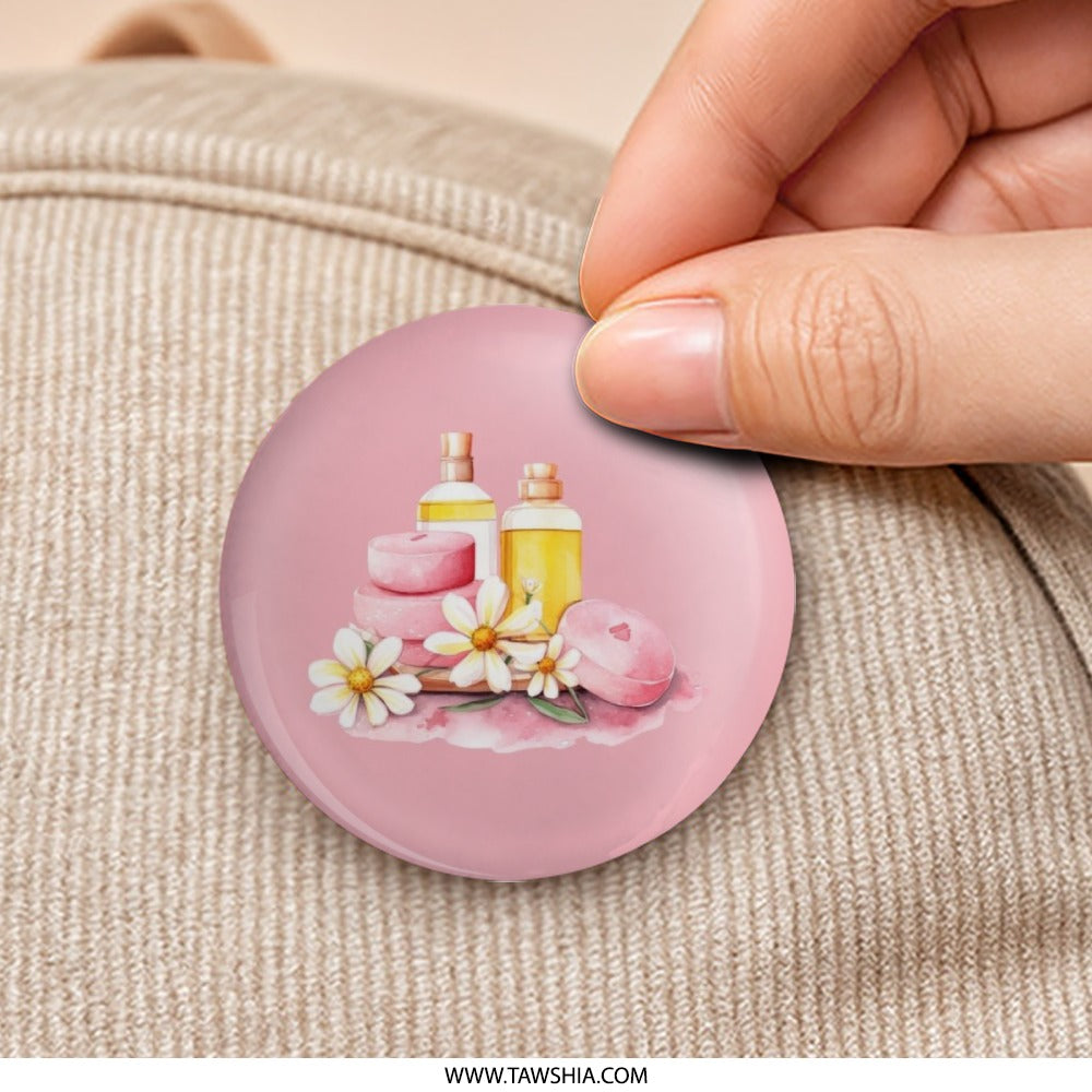 Spa Day Pinback Button, Skincare Soap, Lotion and Daisy Flower Button, Cute Button Pin, Trendy Buttons, Gift for Her, Pink Button Badge - Tawshia
