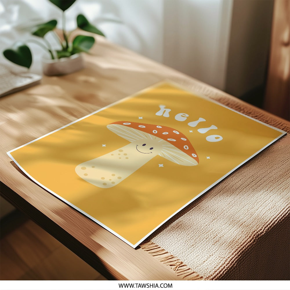 Smiling Mushroom Photographic Print, Retro Wall Art, Cute Fungi Decor, Hello Print, 70s Style Illustration, Whimsical Art - Tawshia