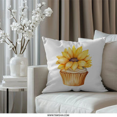 Sunflower Cupcake Pillow, Floral Baking Decor, Yellow Flower Pillow, Sweet Treat Accent, Whimsical Home Decor, Novelty Sofa Pillow - Tawshia