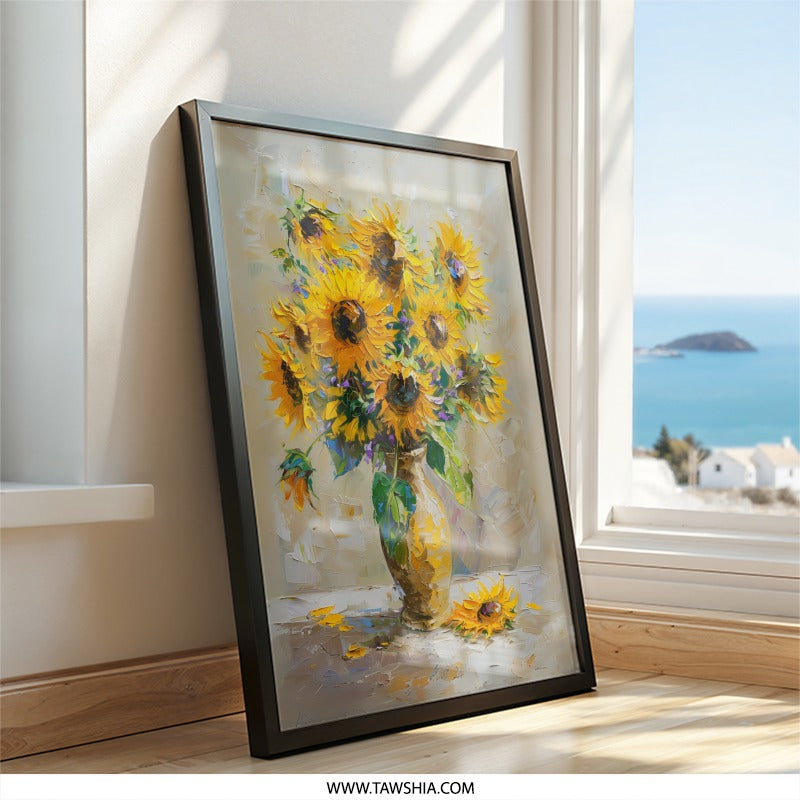 Sunflower Wall Art, Floral Still Life Painting, Vibrant Yellow Flower Bouquet, Home Decor Wall Art, Summer Blooms, Gift for Her, Framed Art - Tawshia