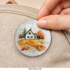 Watercolor House Pinback Button, Country Home Button, Autumn Landscape Button, Rustic House Pin, Cozy Home Art, Farmhouse Chic Badge - Tawshia