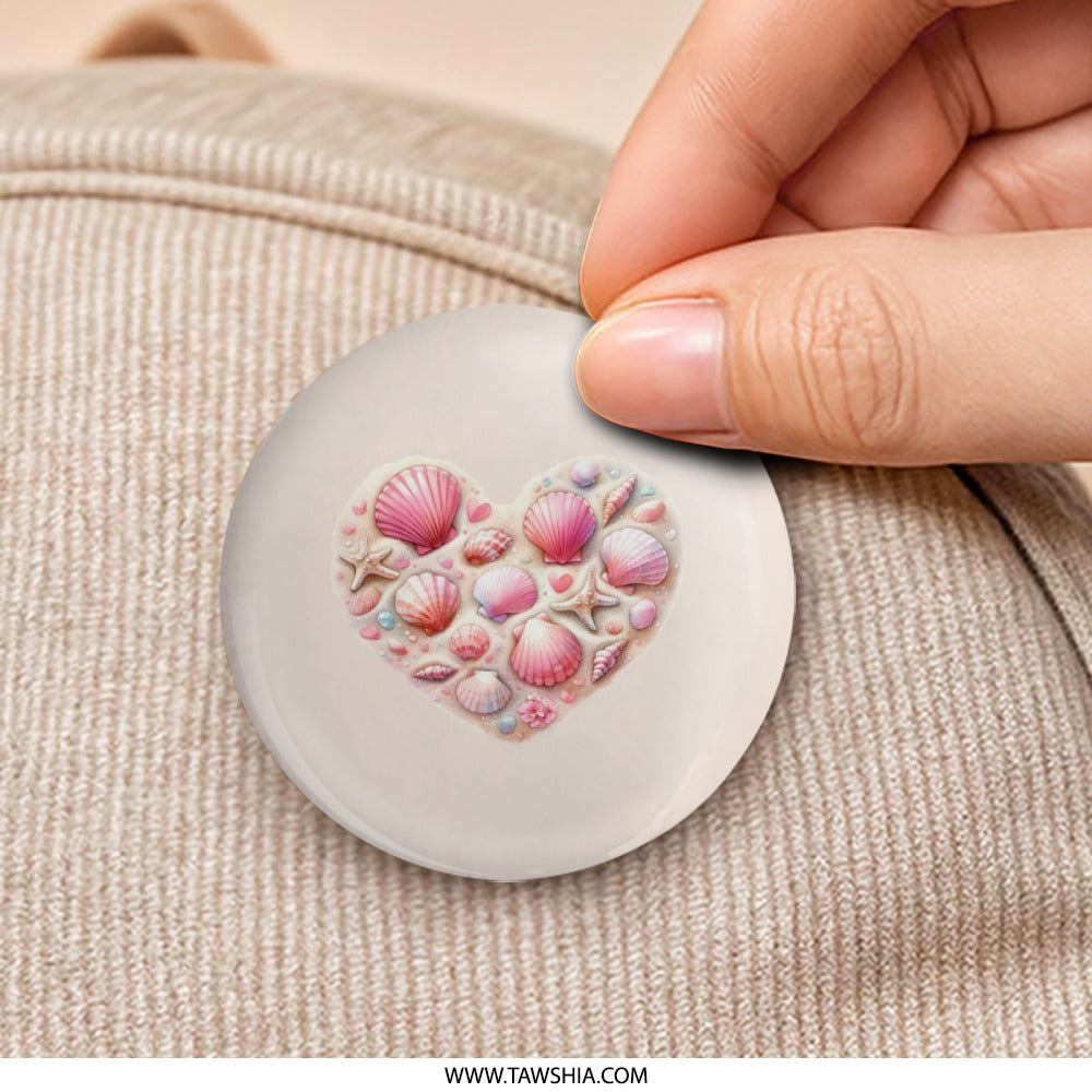 Seashell Heart Pinback, Beach Lover Pin, Coastal Fashion Accessory, Pink Shells Badge, Ocean Vibes Pin, Sea Life Jewelry, Summer Style Pin - Tawshia